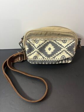 Myra Bag Canvas Aztec Crossbody Bag with Leather Strap - Beige & Gray